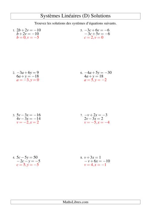 Systèmes d'Équations Linéaires -- Trois Variables Incluant Valeurs Négatives -- Facile (D) page 2