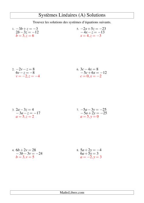 Systèmes d'Équations Linéaires -- Trois Variables Incluant Valeurs Négatives -- Facile (Tout) page 2