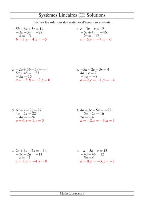 Systèmes d'Équations Linéaires -- Trois Variables (H) page 2