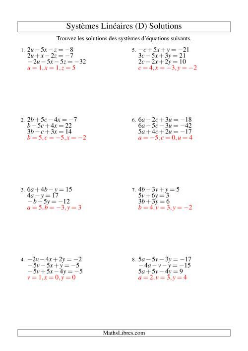 Systèmes d'Équations Linéaires -- Trois Variables Incluant Valeurs Négatives (D) page 2