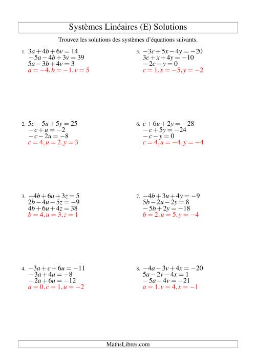 Systèmes d'Équations Linéaires -- Trois Variables Incluant Valeurs Négatives (E) page 2