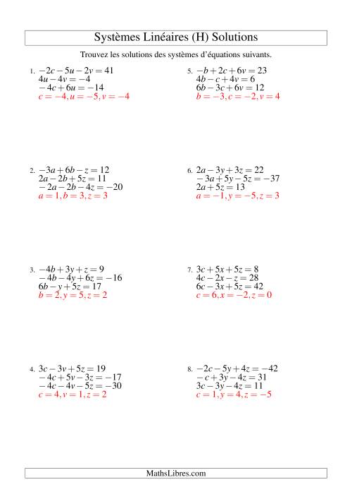 Systèmes d'Équations Linéaires -- Trois Variables Incluant Valeurs Négatives (H) page 2
