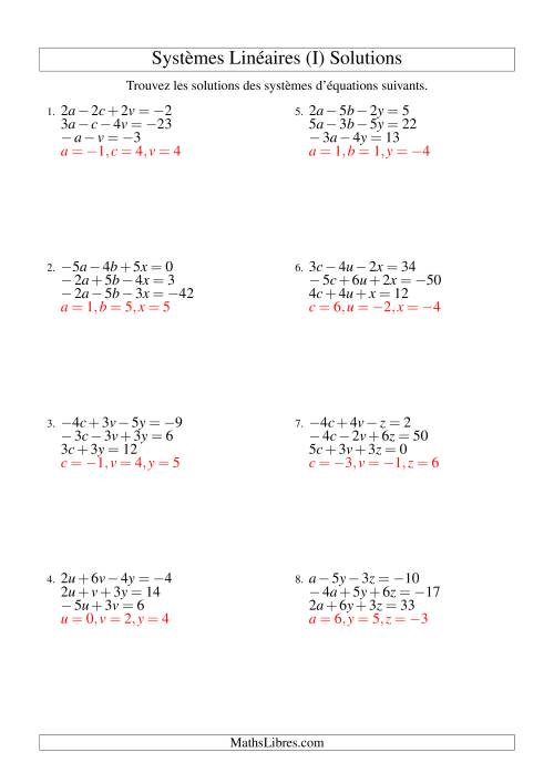 Systèmes d'Équations Linéaires -- Trois Variables Incluant Valeurs Négatives (I) page 2