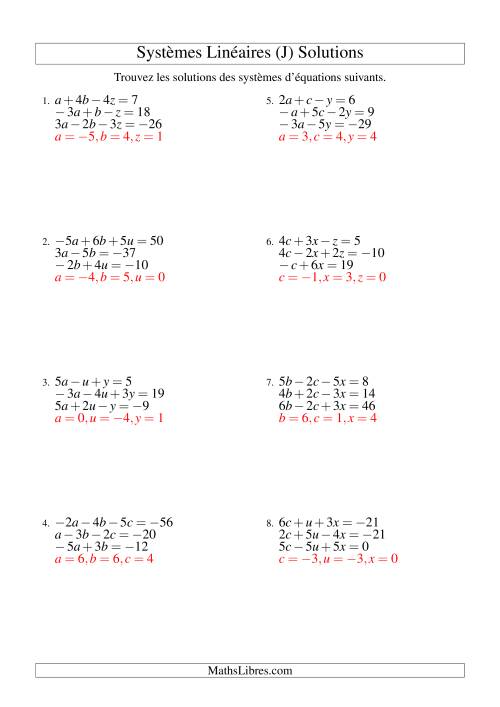 Systèmes d'Équations Linéaires -- Trois Variables Incluant Valeurs Négatives (J) page 2