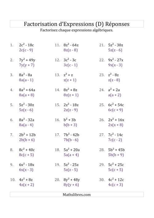 Factorisation d'Expressions Sans la Formule Quadratique (avec des Racines Carrées, Coefficients Simples & Multiplicateurs Positifs) (D) page 2