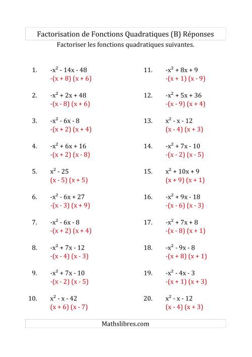 Factorisation d'Expressions Quadratiques (Coefficients «a» variant de -1 à 1) (B) page 2