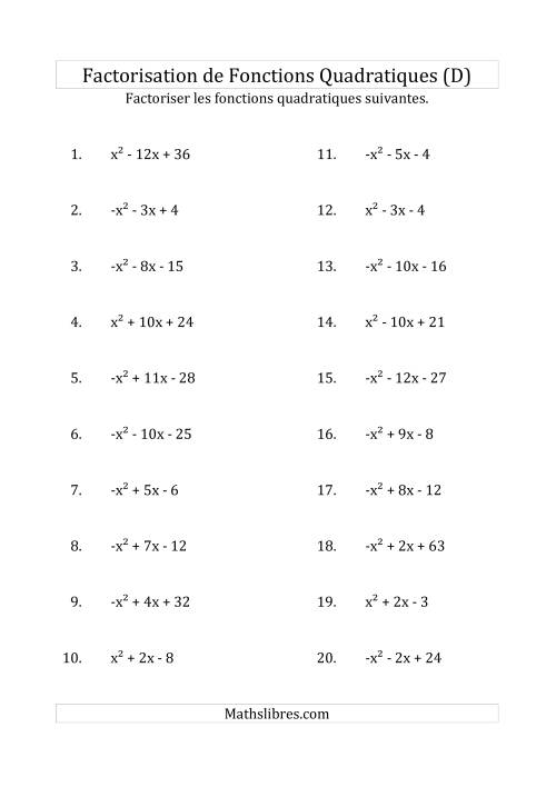 Factorisation d'Expressions Quadratiques (Coefficients «a» variant de -1 à 1) (D)