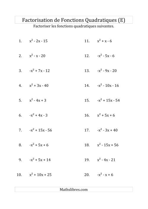 Factorisation d'Expressions Quadratiques (Coefficients «a» variant de -1 à 1) (E)