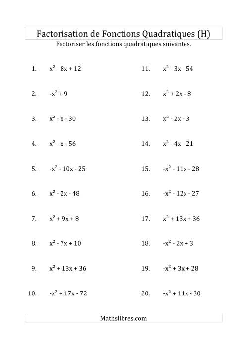 Factorisation d'Expressions Quadratiques (Coefficients «a» variant de -1 à 1) (H)