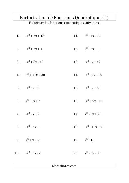 Factorisation d'Expressions Quadratiques (Coefficients «a» variant de -1 à 1) (J)