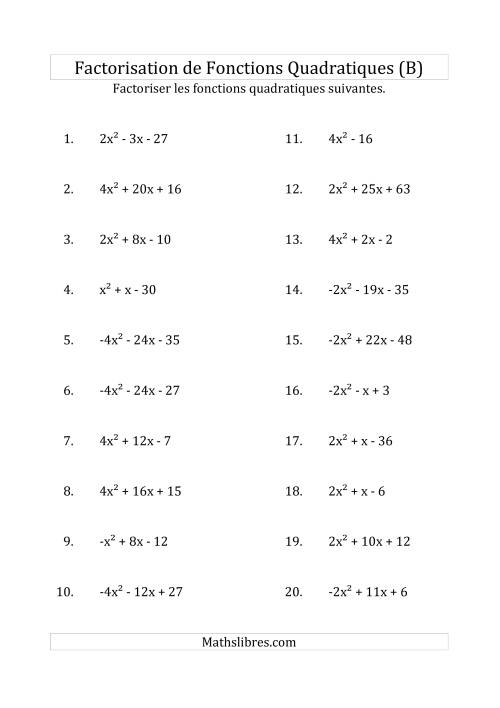 Factorisation d'Expressions Quadratiques (Coefficients «a» variant de -4 à 4) (B)