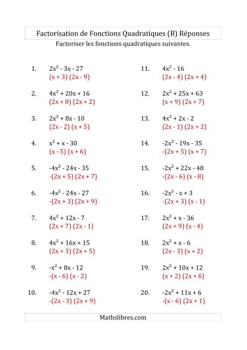 Factorisation d'Expressions Quadratiques (Coefficients «a» variant de -4 à 4) (B) page 2