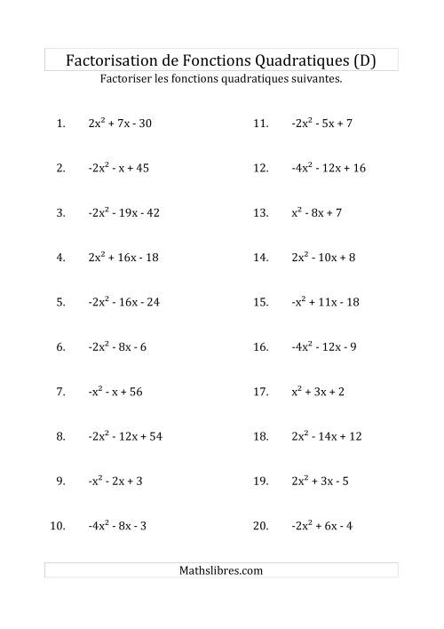 Factorisation d'Expressions Quadratiques (Coefficients «a» variant de -4 à 4) (D)