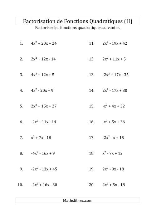 Factorisation d'Expressions Quadratiques (Coefficients «a» variant de -4 à 4) (H)