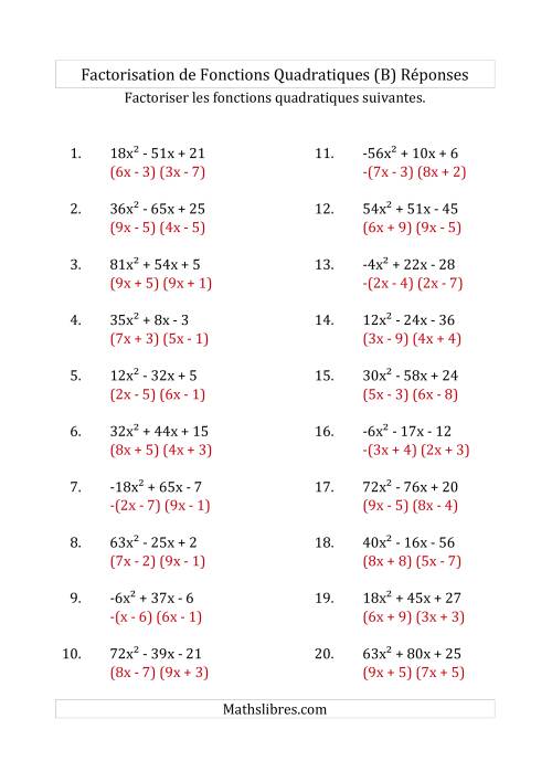 Factorisation d'Expressions Quadratiques (Coefficients «a» variant de -81 à 81) (B) page 2