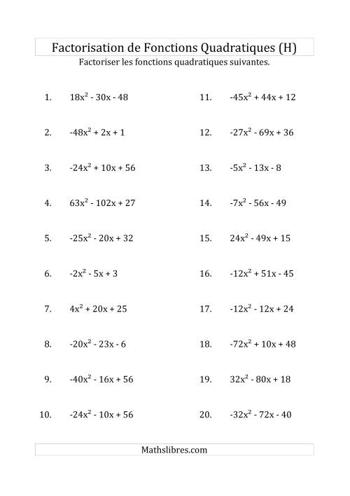 Factorisation d'Expressions Quadratiques (Coefficients «a» variant de -81 à 81) (H)
