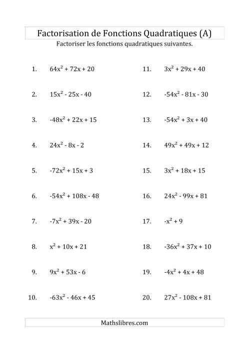 Factorisation d'Expressions Quadratiques (Coefficients «a» variant de -81 à 81) (Tout)