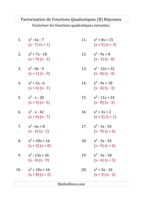 Factorisation d'Expressions Quadratiques (Coefficients «a» de 1) (B) page 2