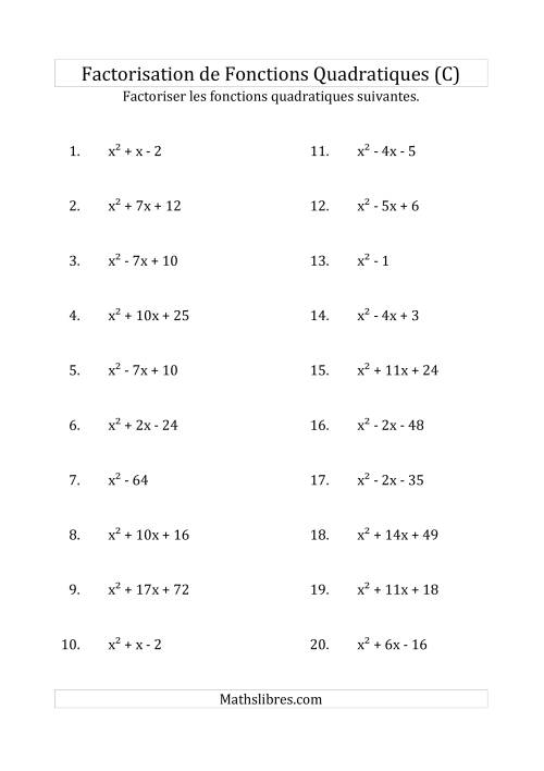 Factorisation d'Expressions Quadratiques (Coefficients «a» de 1) (C)
