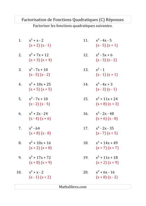 Factorisation d'Expressions Quadratiques (Coefficients «a» de 1) (C) page 2