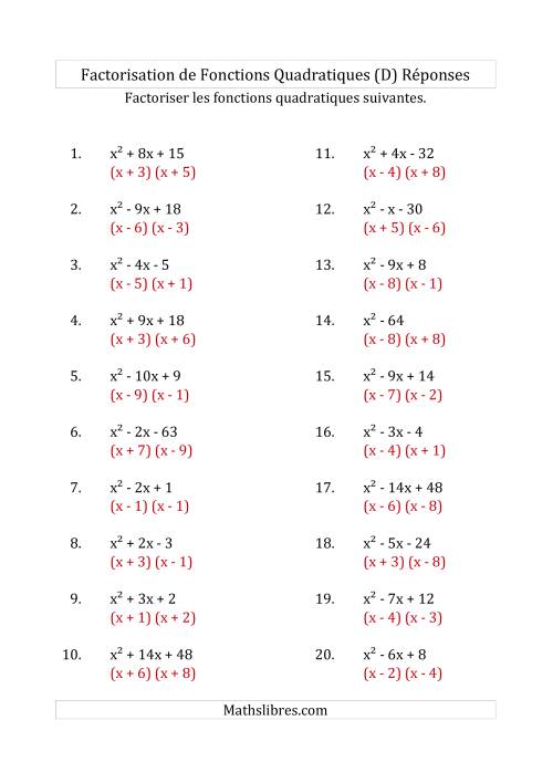 Factorisation d'Expressions Quadratiques (Coefficients «a» de 1) (D) page 2