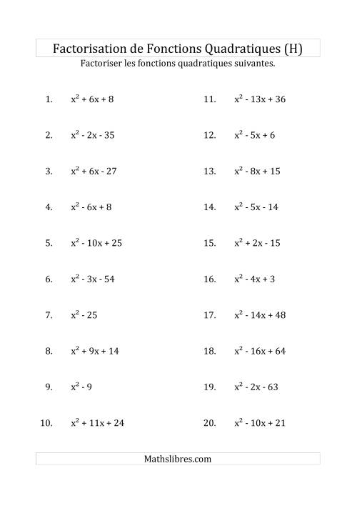 Factorisation d'Expressions Quadratiques (Coefficients «a» de 1) (H)