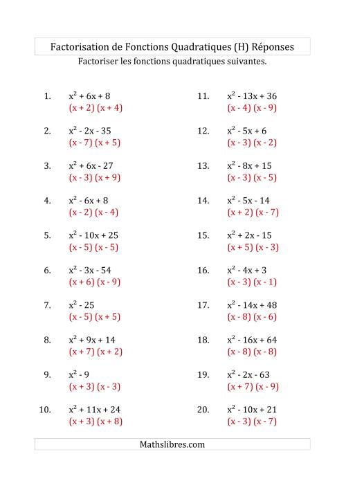 Factorisation d'Expressions Quadratiques (Coefficients «a» de 1) (H) page 2