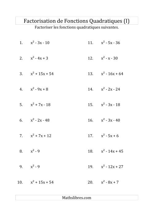Factorisation d'Expressions Quadratiques (Coefficients «a» de 1) (I)