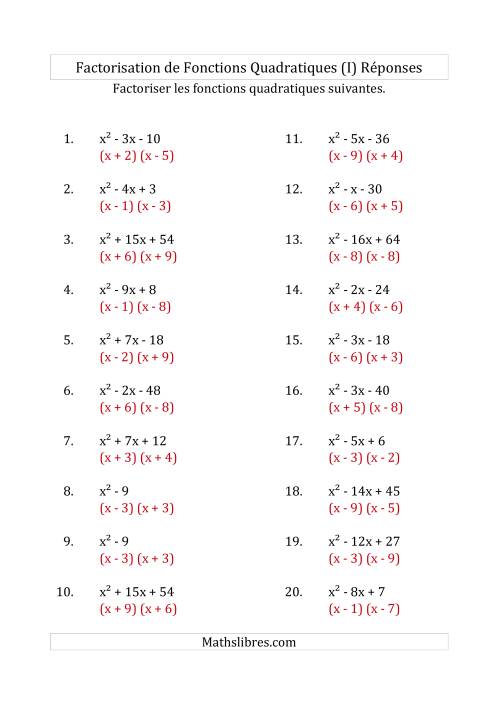 Factorisation d'Expressions Quadratiques (Coefficients «a» de 1) (I) page 2