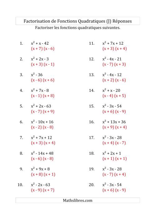 Factorisation d'Expressions Quadratiques (Coefficients «a» de 1) (J) page 2