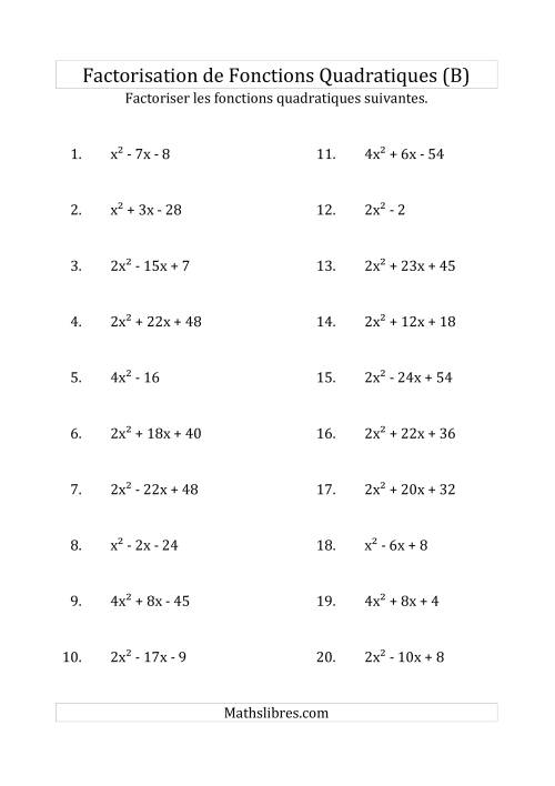 Factorisation d'Expressions Quadratiques (Coefficients «a» variant jusqu'à 4) (B)