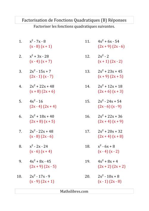 Factorisation d'Expressions Quadratiques (Coefficients «a» variant jusqu'à 4) (B) page 2