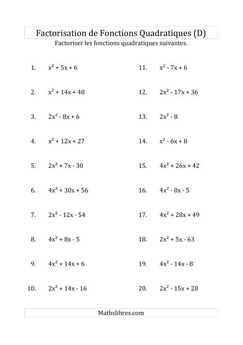Factorisation d'Expressions Quadratiques (Coefficients «a» variant jusqu'à 4) (D)
