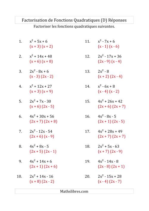 Factorisation d'Expressions Quadratiques (Coefficients «a» variant jusqu'à 4) (D) page 2