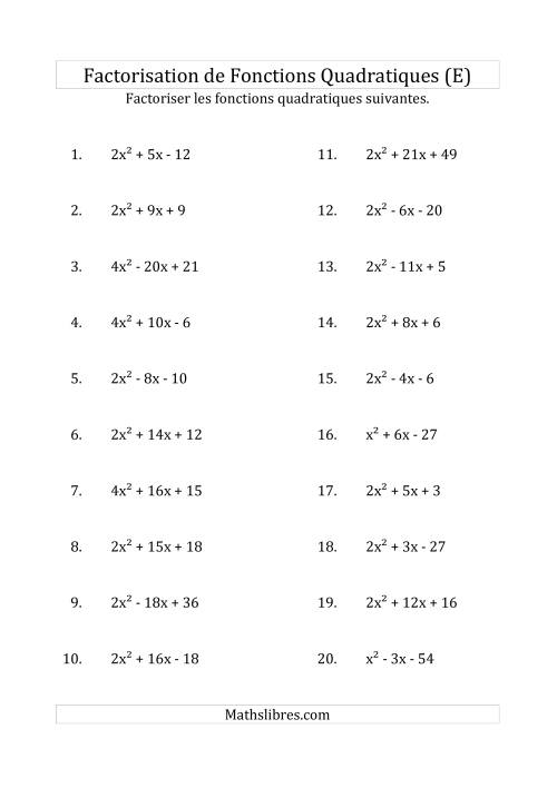 Factorisation d'Expressions Quadratiques (Coefficients «a» variant jusqu'à 4) (E)