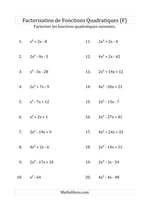 Factorisation d'Expressions Quadratiques (Coefficients «a» variant jusqu'à 4) (F)