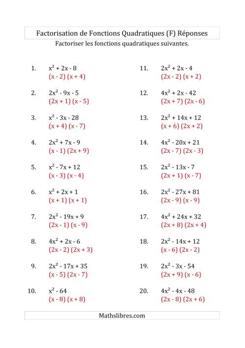 Factorisation d'Expressions Quadratiques (Coefficients «a» variant jusqu'à 4) (F) page 2