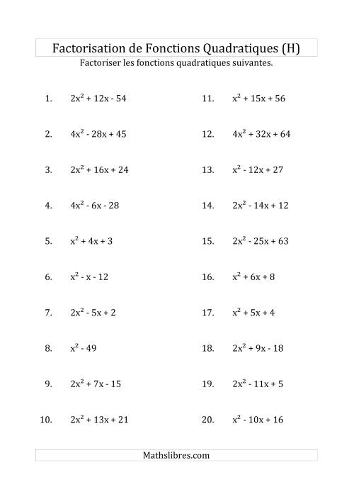 Factorisation d'Expressions Quadratiques (Coefficients «a» variant jusqu'à 4) (H)