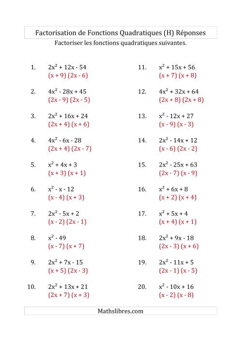 Factorisation d'Expressions Quadratiques (Coefficients «a» variant jusqu'à 4) (H) page 2