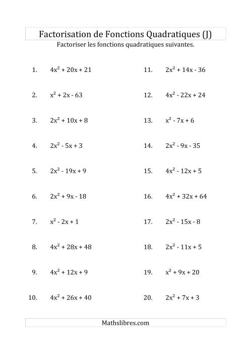 Factorisation d'Expressions Quadratiques (Coefficients «a» variant jusqu'à 4) (J)