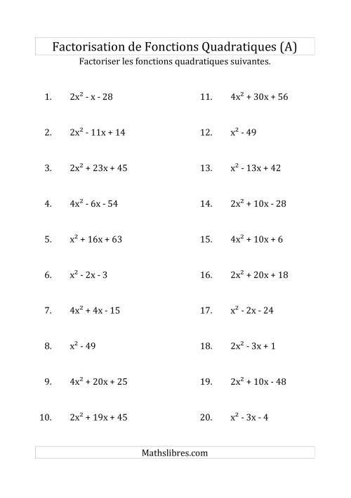 Factorisation d'Expressions Quadratiques (Coefficients «a» variant jusqu'à 4) (Tout)