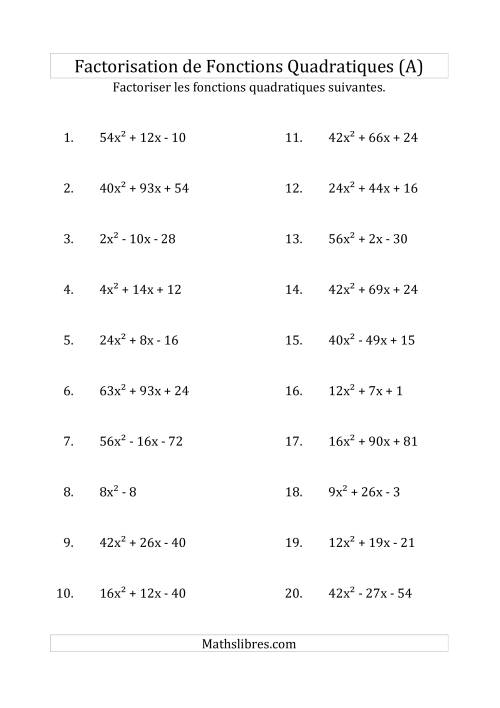 Factorisation d'Expressions Quadratiques (Coefficients «a» variant jusqu'à 81) (A)