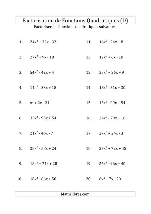 Factorisation d'Expressions Quadratiques (Coefficients «a» variant jusqu'à 81) (D)
