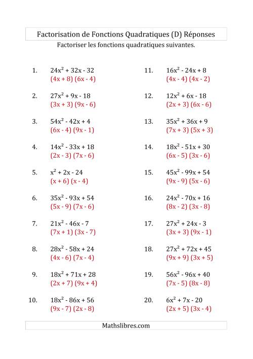 Factorisation d'Expressions Quadratiques (Coefficients «a» variant jusqu'à 81) (D) page 2