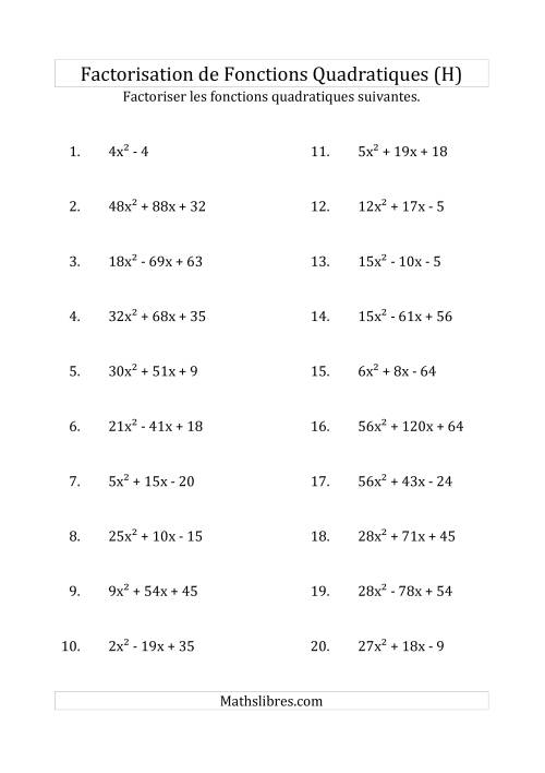 Factorisation d'Expressions Quadratiques (Coefficients «a» variant jusqu'à 81) (H)