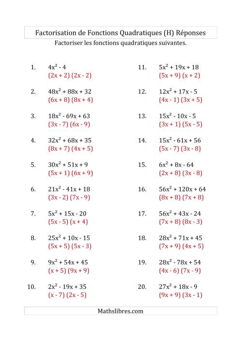 Factorisation d'Expressions Quadratiques (Coefficients «a» variant jusqu'à 81) (H) page 2