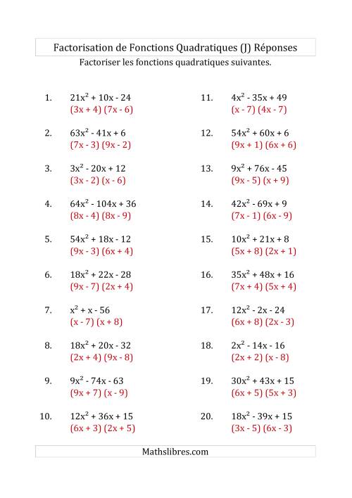 Factorisation d'Expressions Quadratiques (Coefficients «a» variant jusqu'à 81) (J) page 2