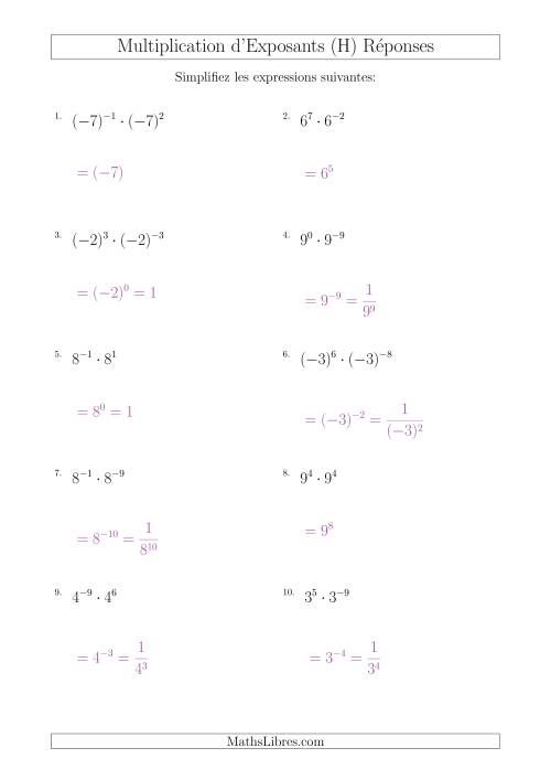Multiplication d'Exposants Ayant Une Même Base (Avec des Négatifs) (H) page 2
