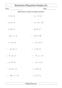 Résolution d'Équations Simples Linéaires avec des Valeurs de -9 à 9 (Inconnue à Gauche de l'Égalité)