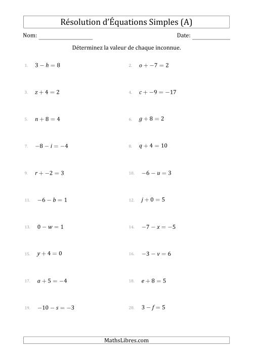 Résolution d'Équations Simples Linéaires avec des Valeurs de -9 à 9 (Inconnue à Gauche de l'Égalité) (A)